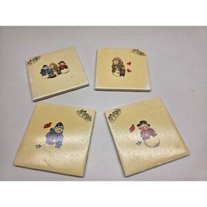 Vintage‎ Style Snowman Ceramic Tile Coasters Set of 4 Winter Holiday Decor Cream